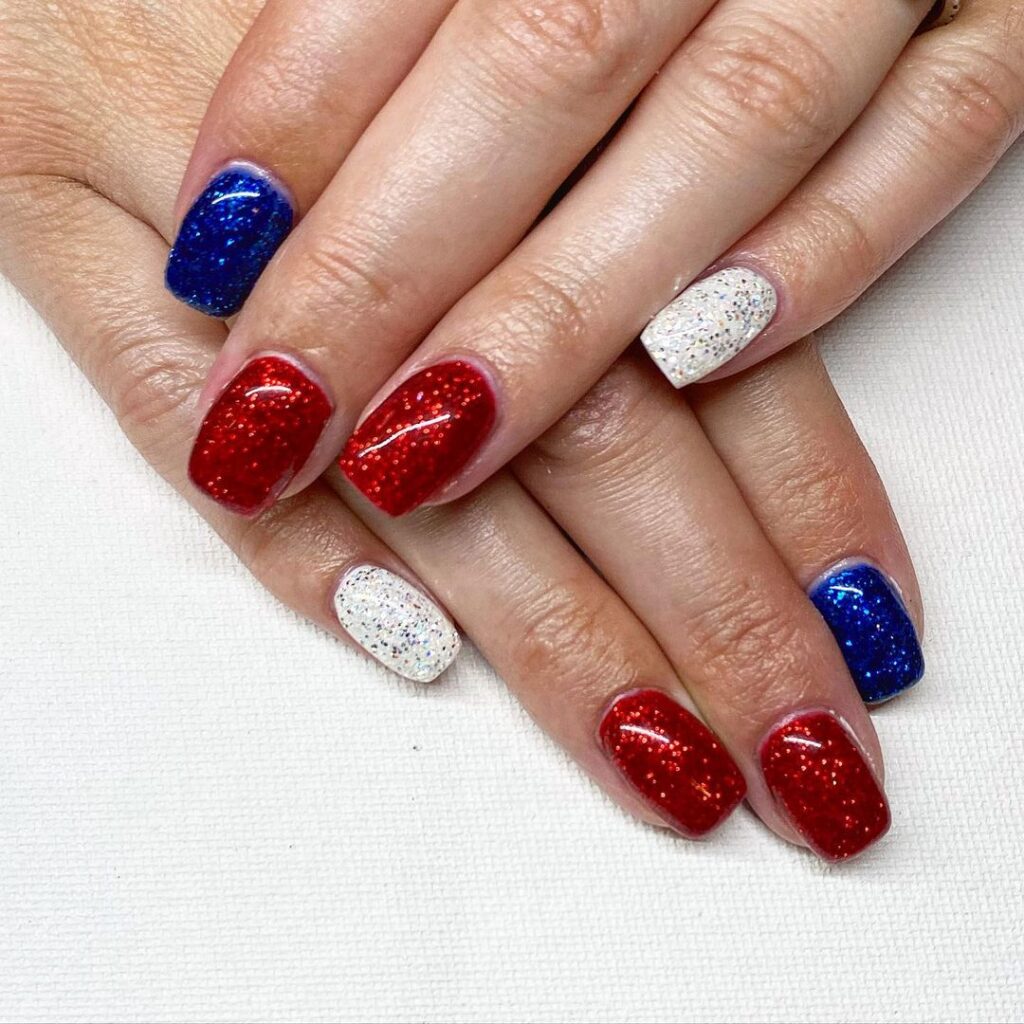 tricolored 4th of july glittery nails