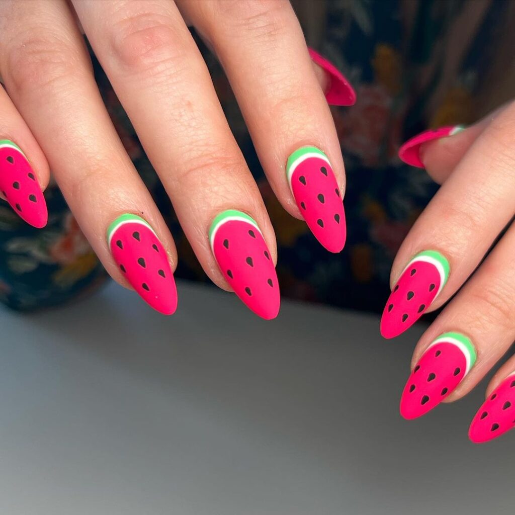 almond watermelon nails