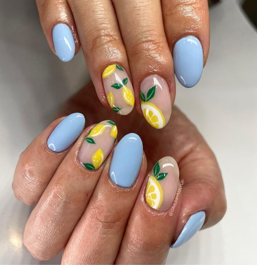 ongles bleu bébé citron