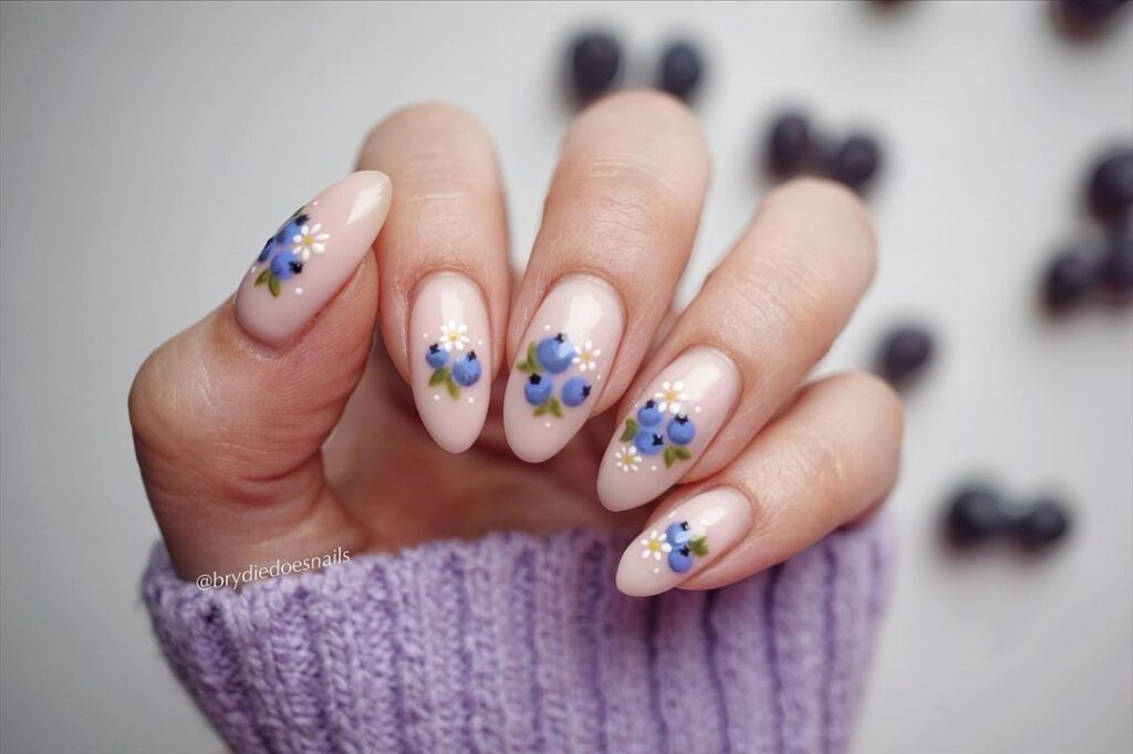 blueberry art on nude nails