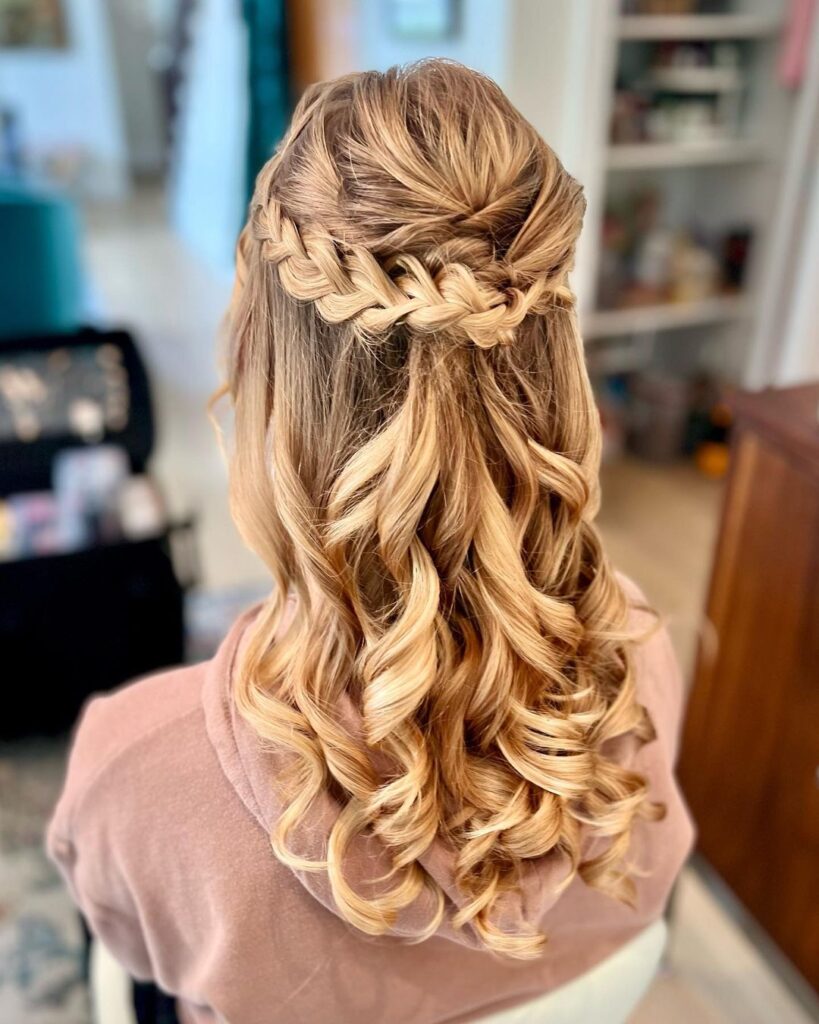 braided half updo with curls for long hair