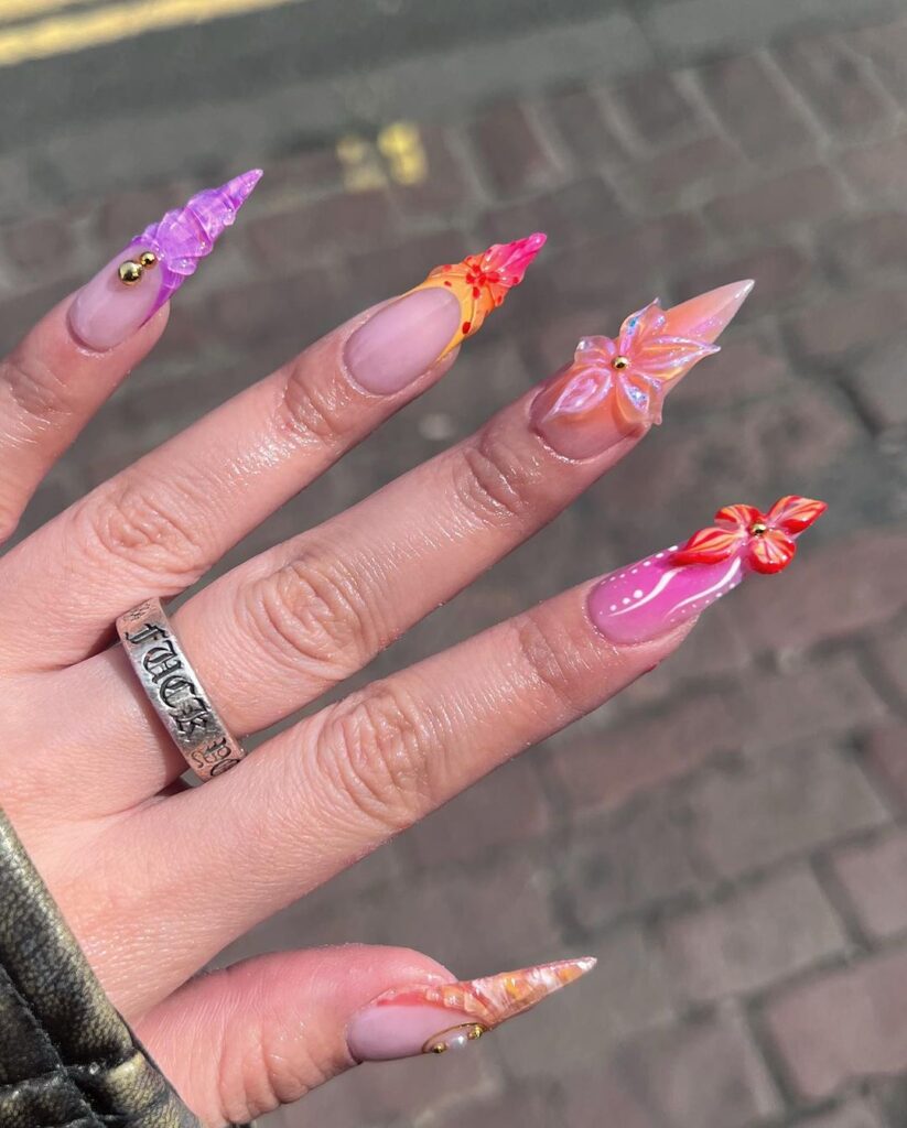 unhas de verão 3d stiletto florais