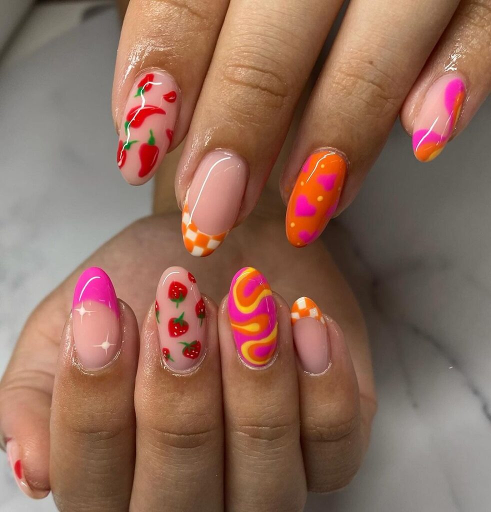 freestyle pink and orange summer nails