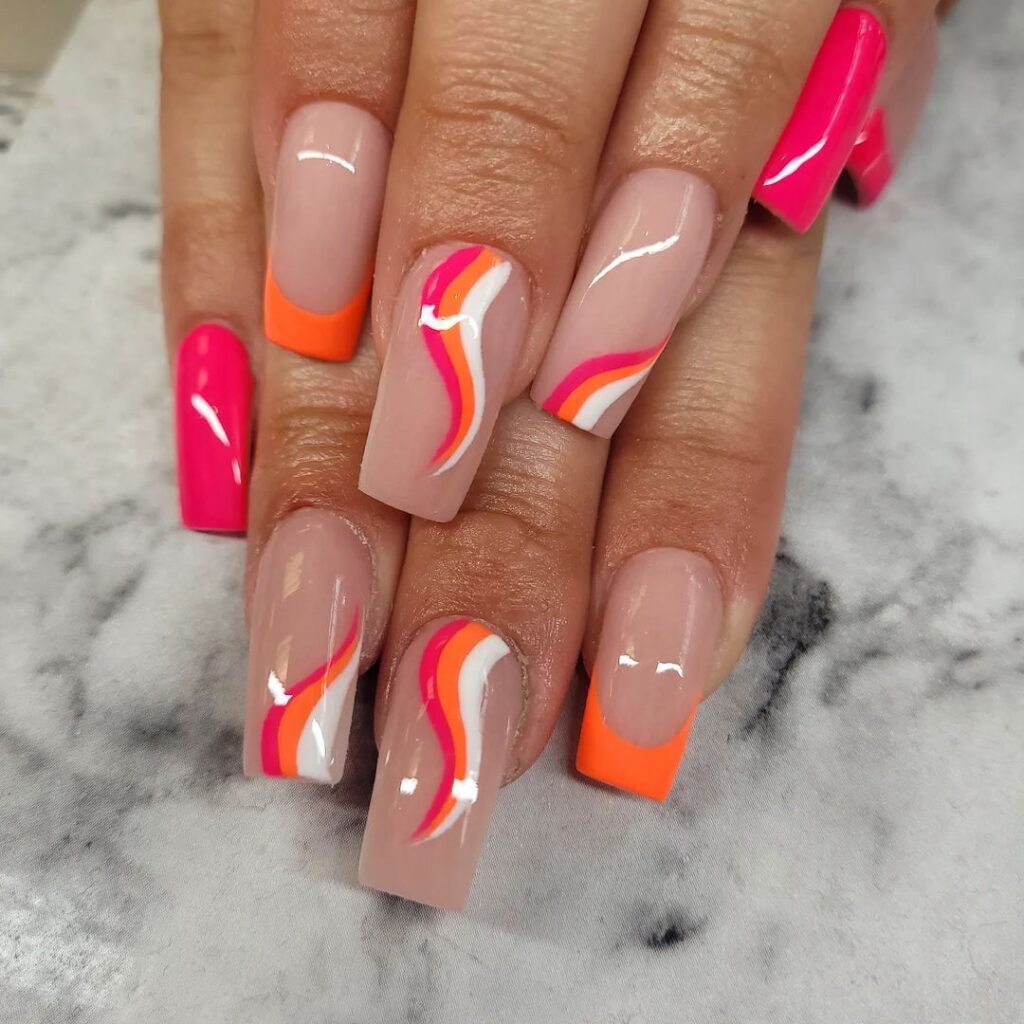 uñas funky rosa y naranja para el verano