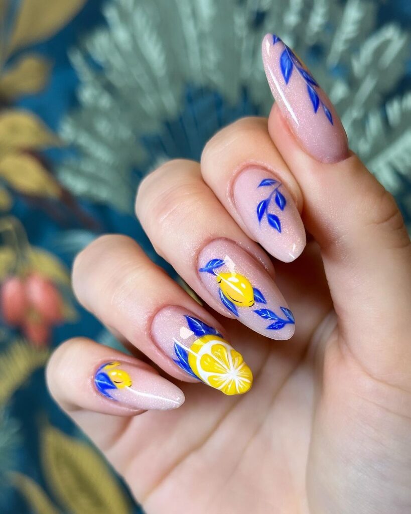 lemon and blue summer nails