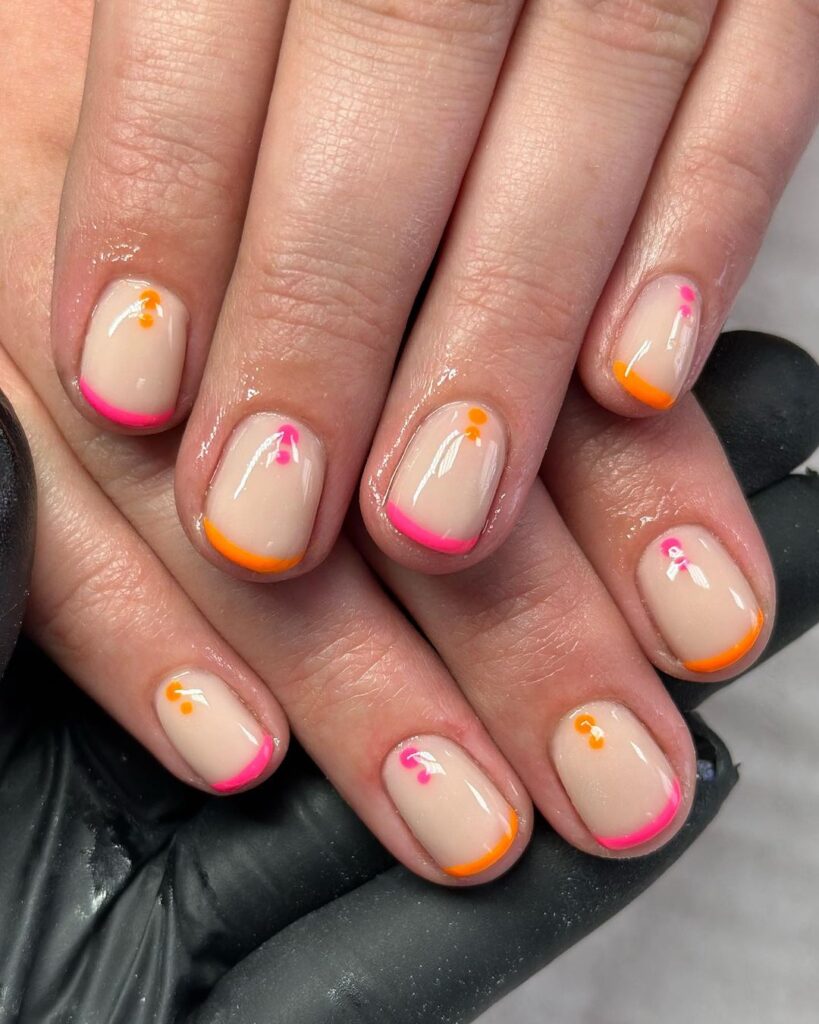 micro french pink and oranhe summer nails