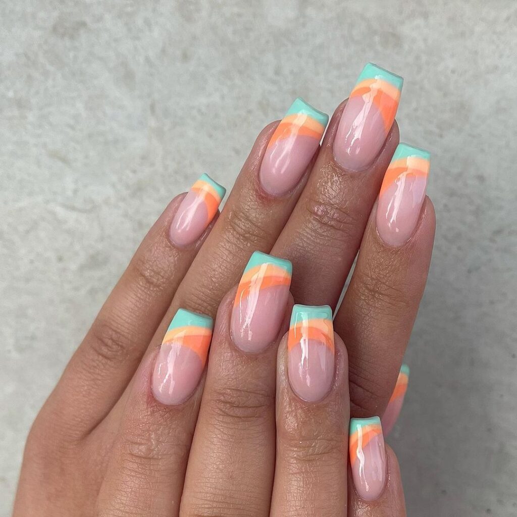 mint and orange short summer nails