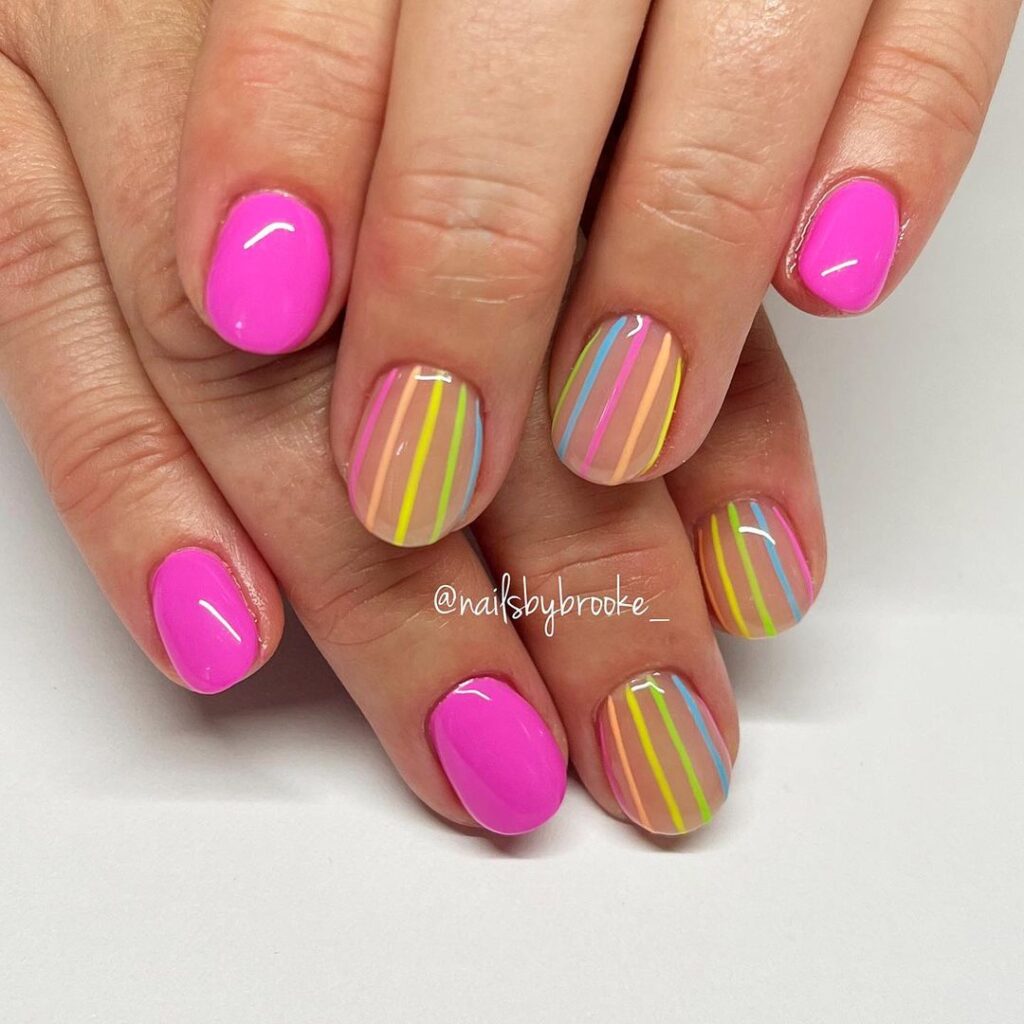 multicolored stripes on short summer nails