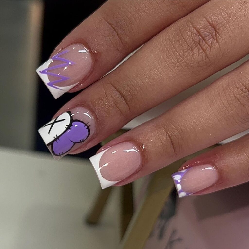 purple art on short summer french nails