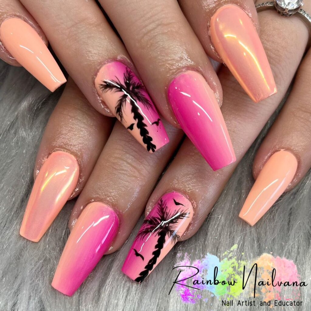 unhas de verão em rosa tropical e laranja