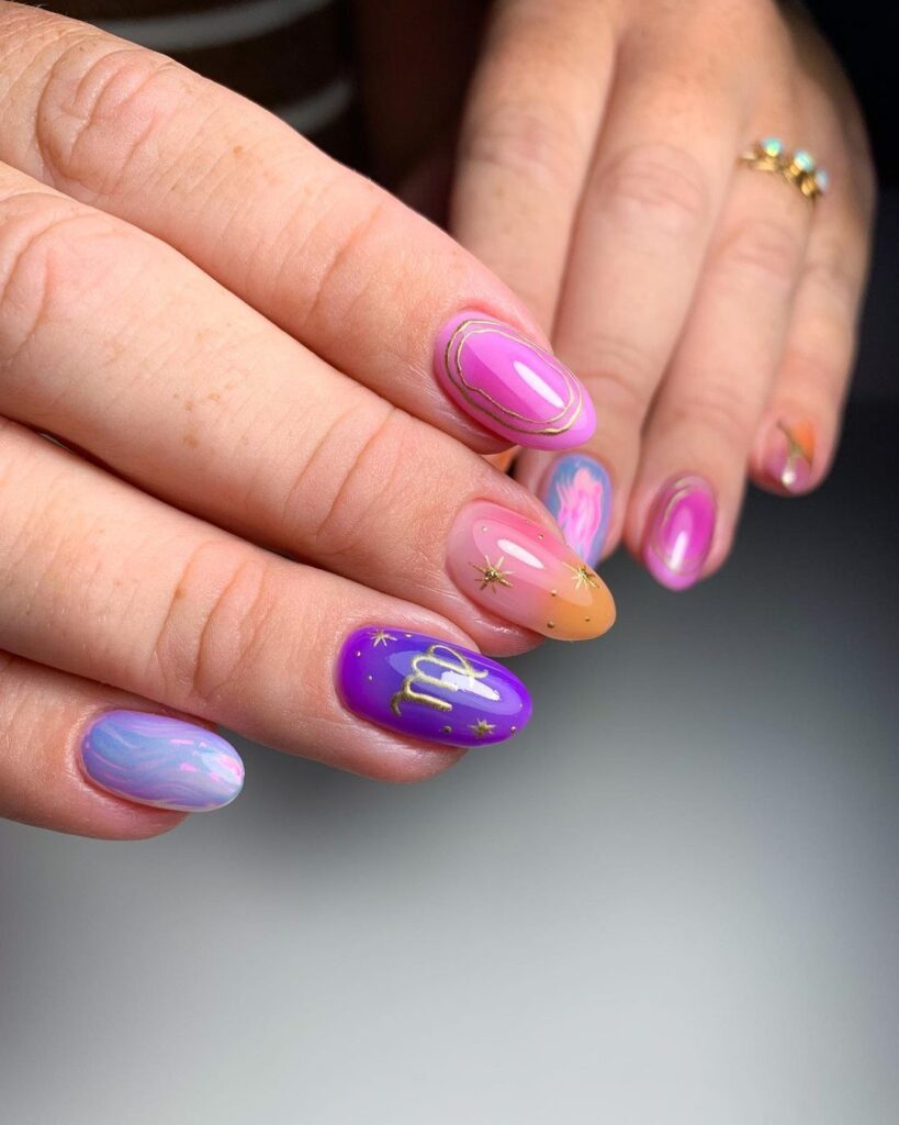 unhas de aniversário de virgem em tons pastel multicoloridos