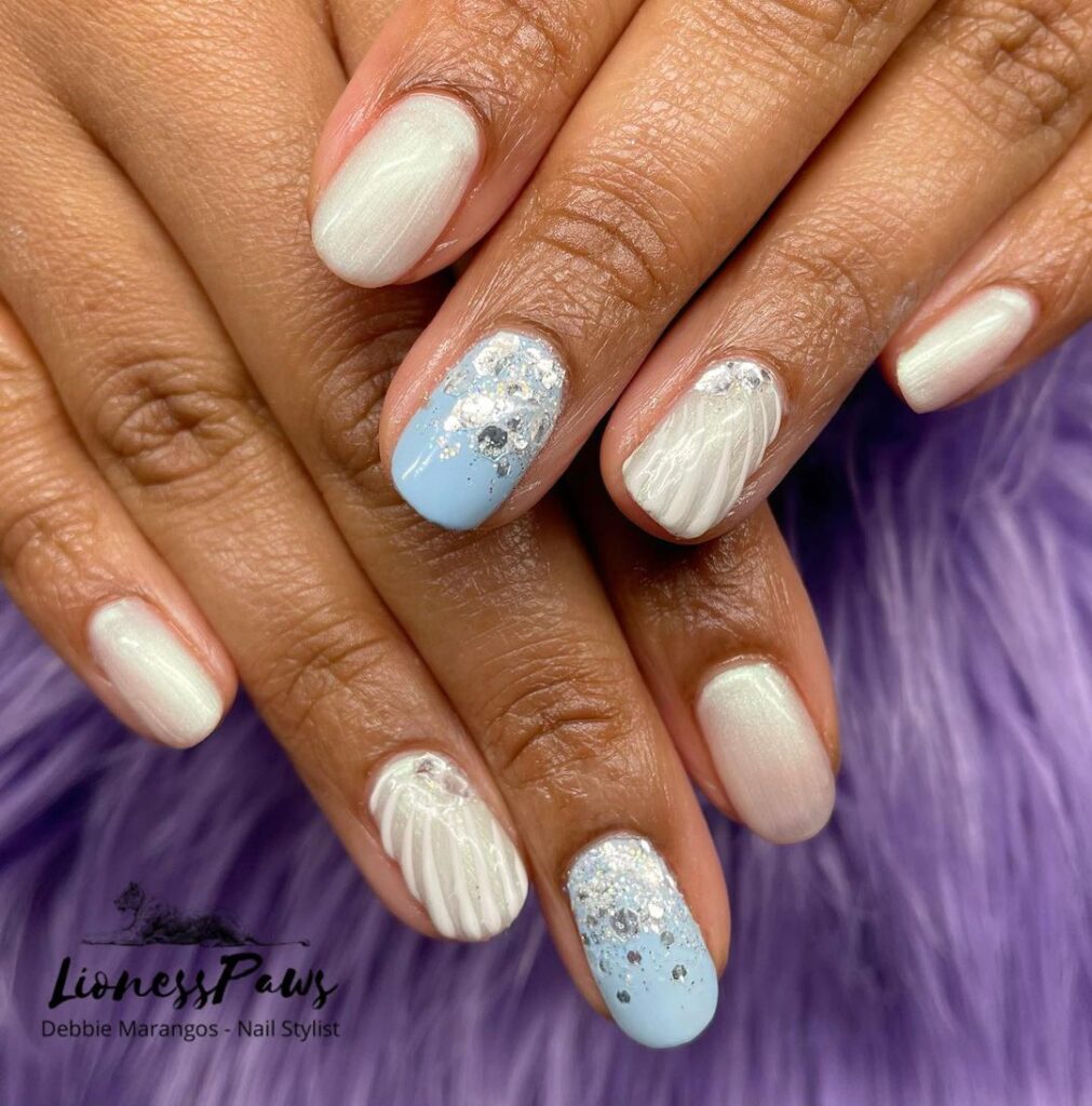 seashell nail art on natural nails