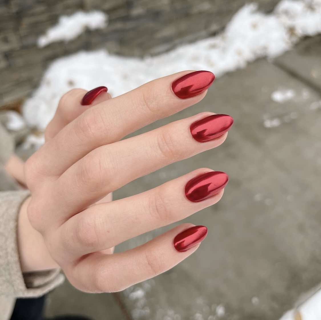 Red Chrome Fall Almond Nails