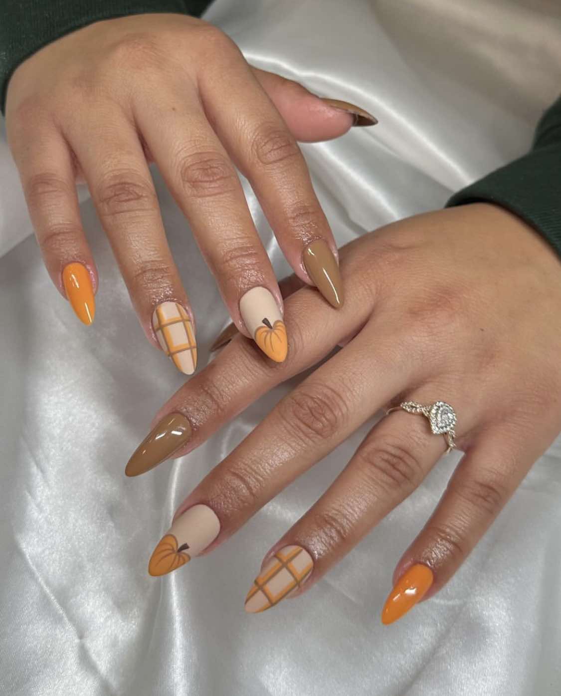 Orange And Brown Almond Pumpkin Nails