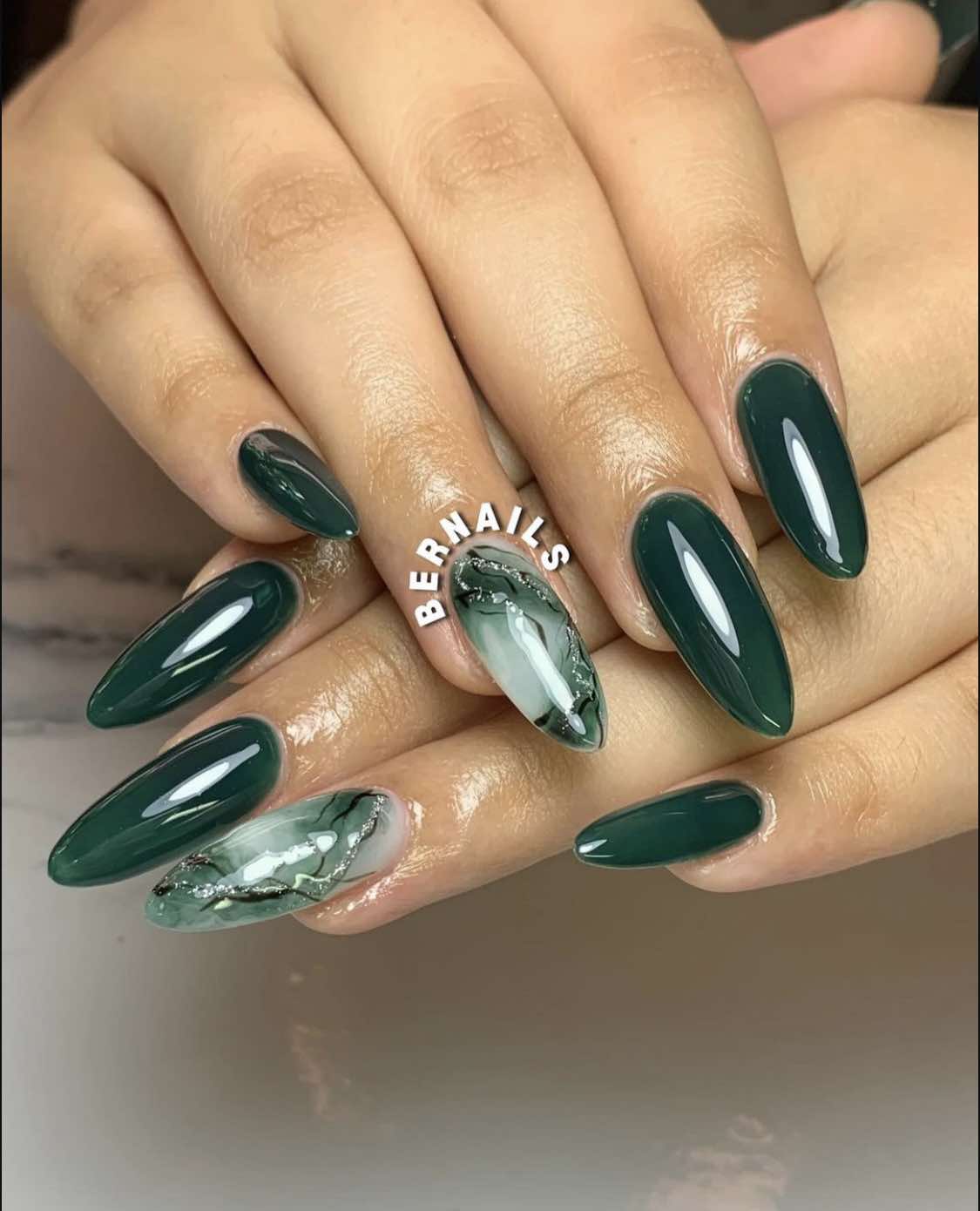 Emerald Green Marble Fall Almond Nails