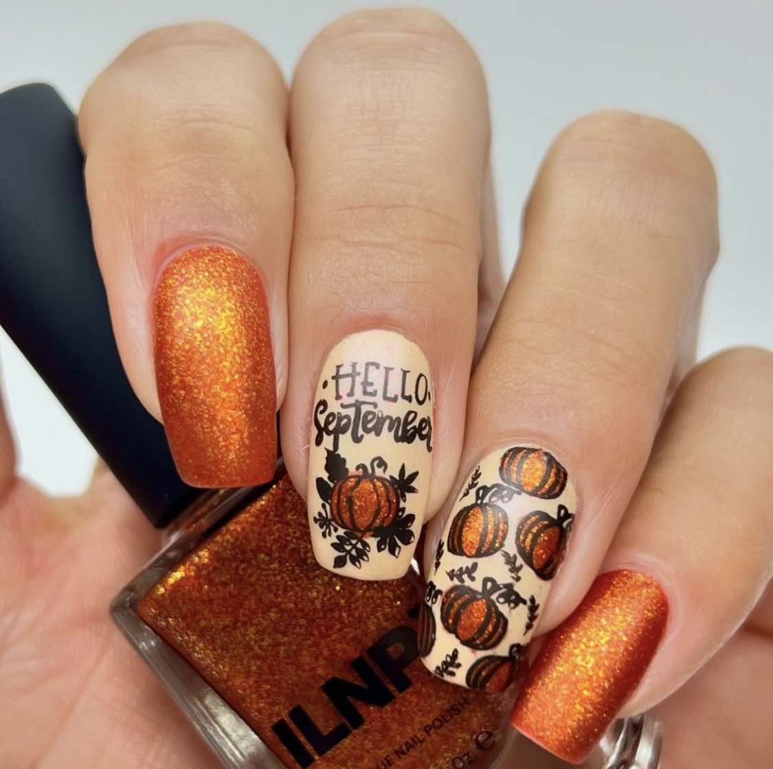 Glitter Orange Pumpkin Nails