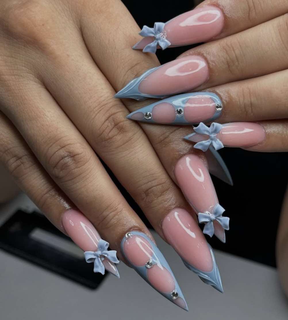 Blue 3D Bow Nails Design