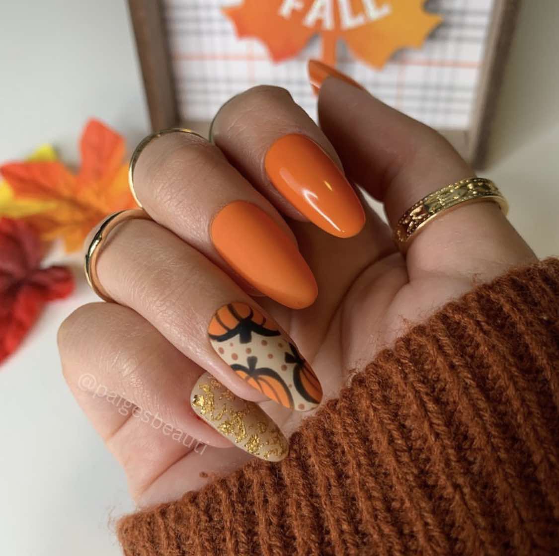 Orange Pumpkin Fall Almond Nails