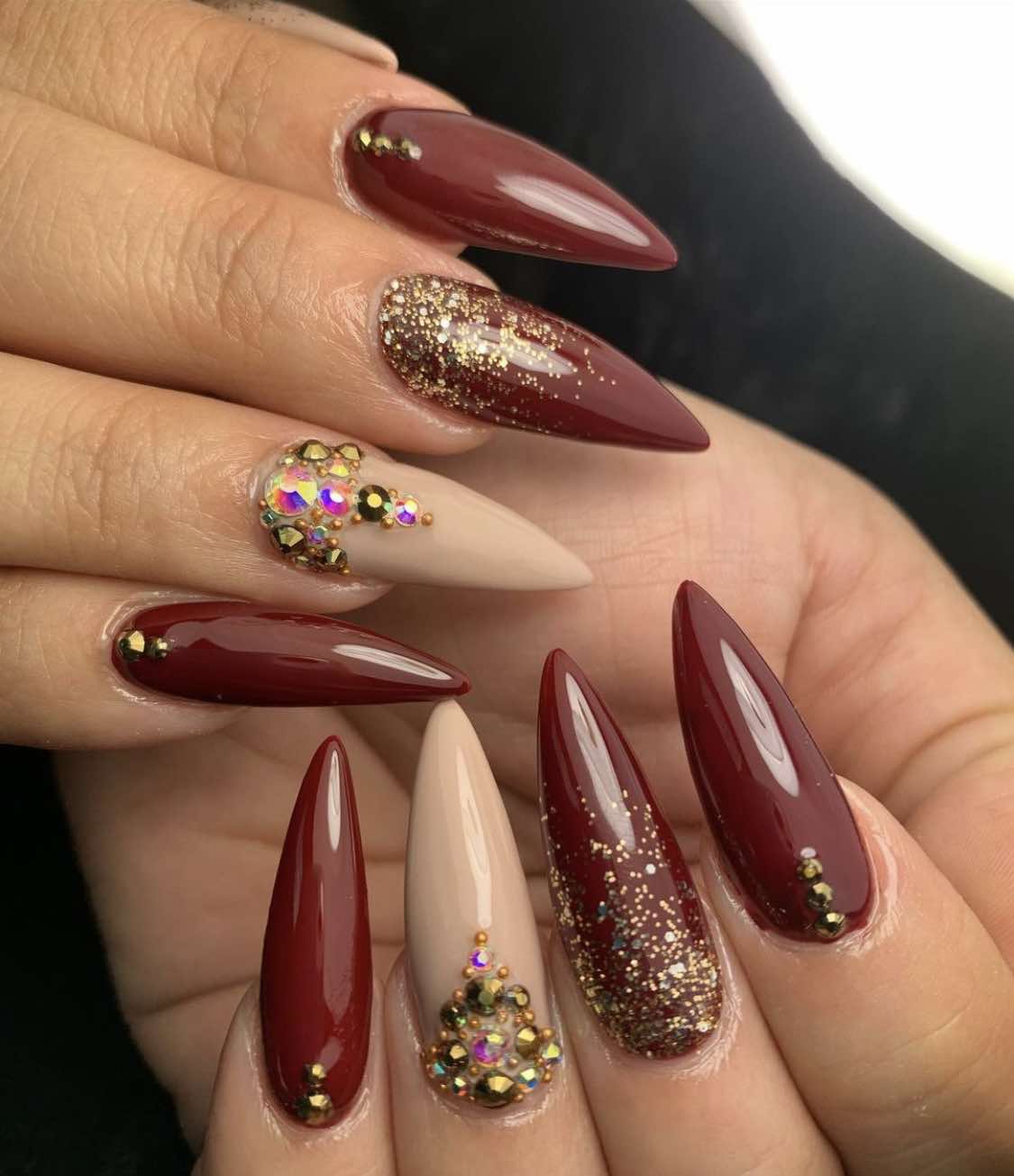 Long Stiletto Wine Nails With Rhinestones