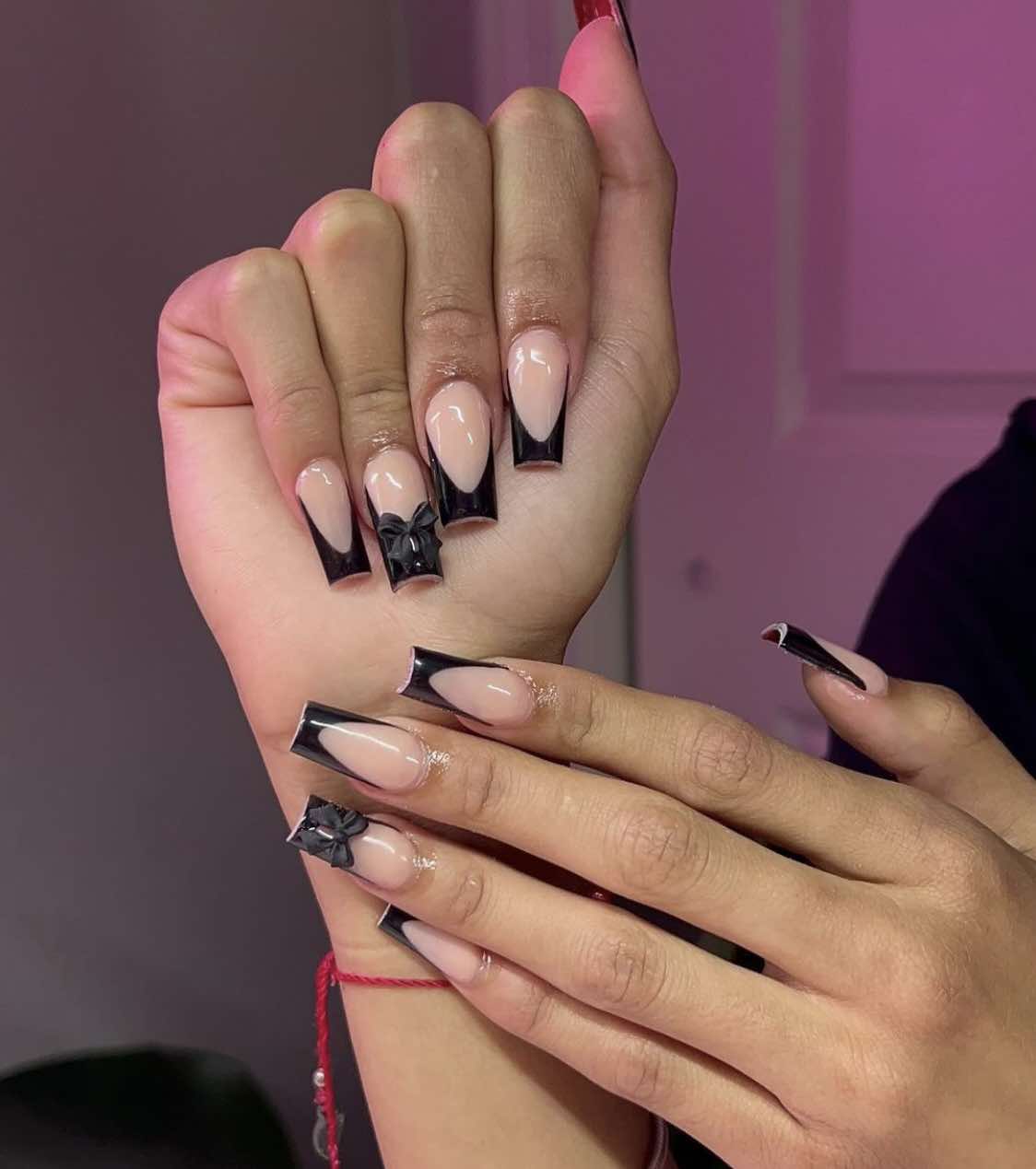 Black French And Bow Nails Design