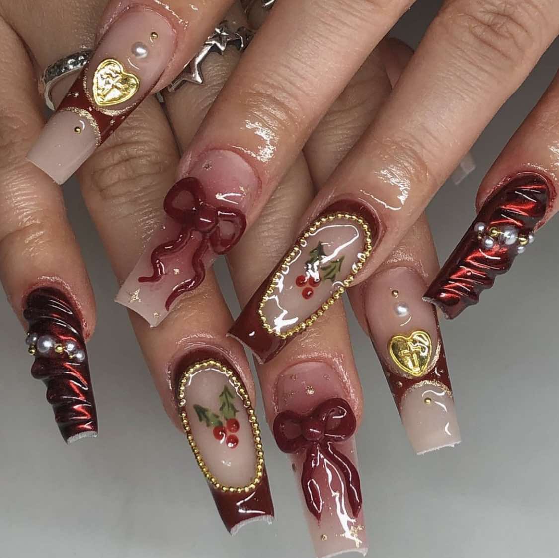 3D Long Ballerina Wine Nails