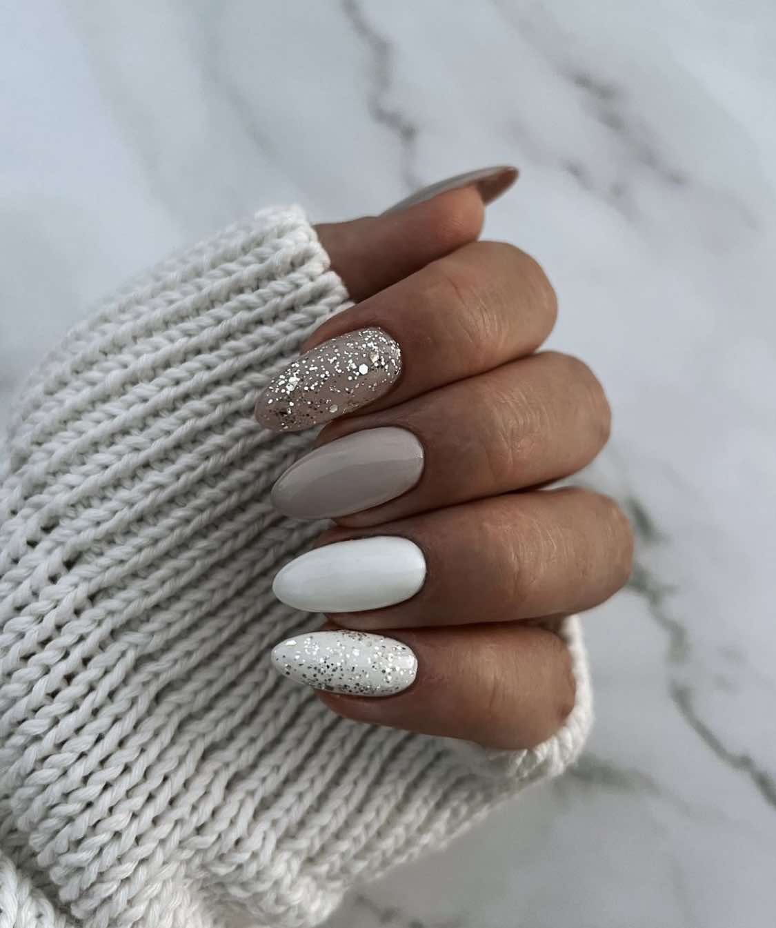 Cream And White Fall Almond Nails