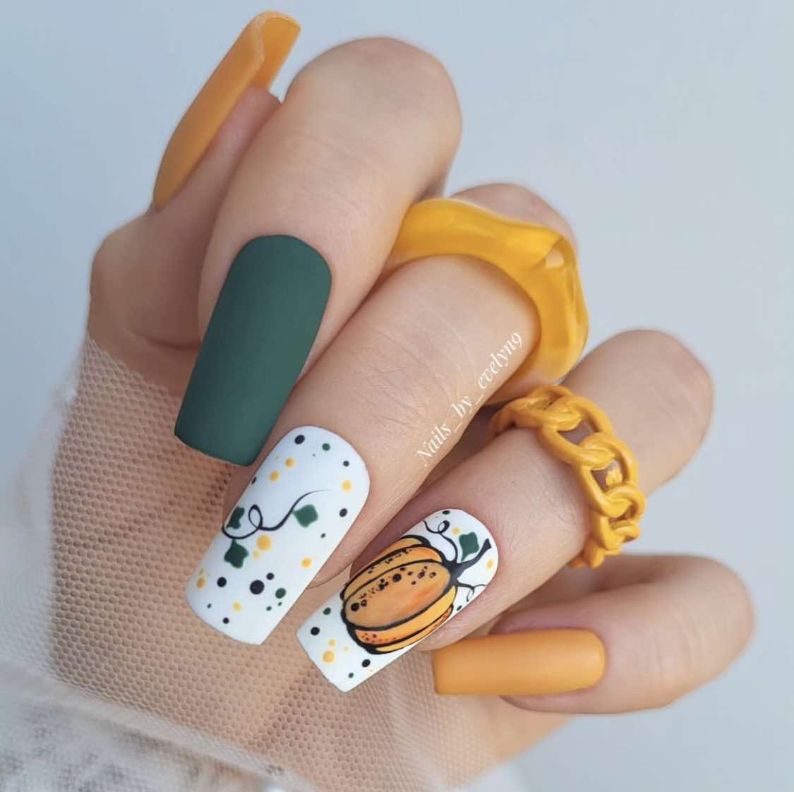 Yellow And Green Square Pumpkin Nails