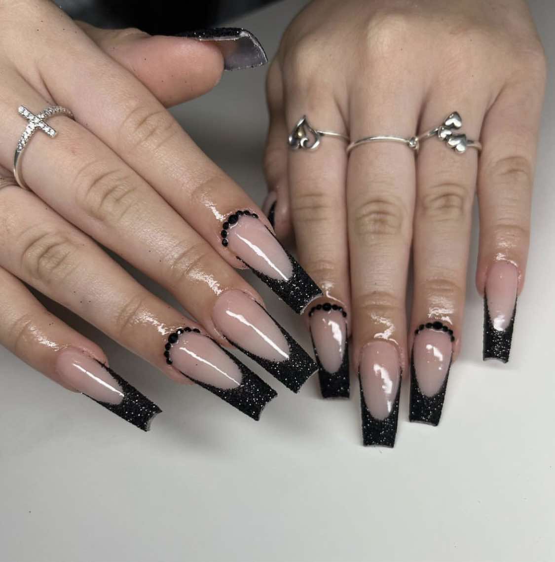 Black French Glitter Nails