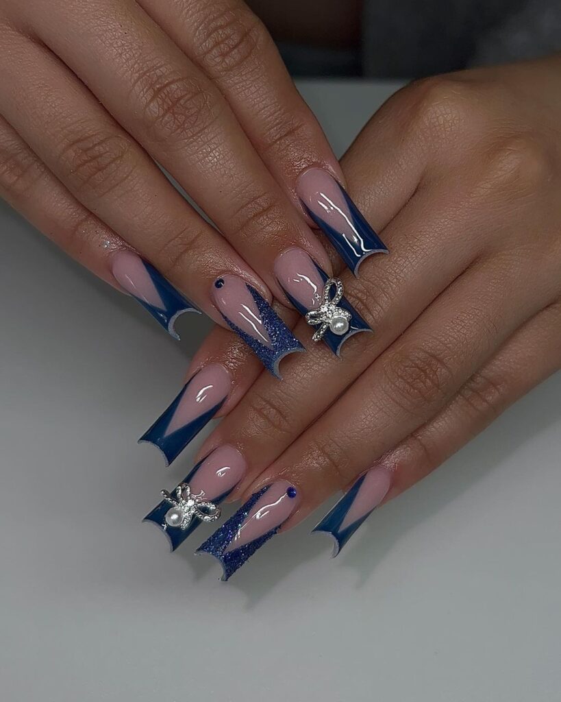 Bow Blue Navy Nails