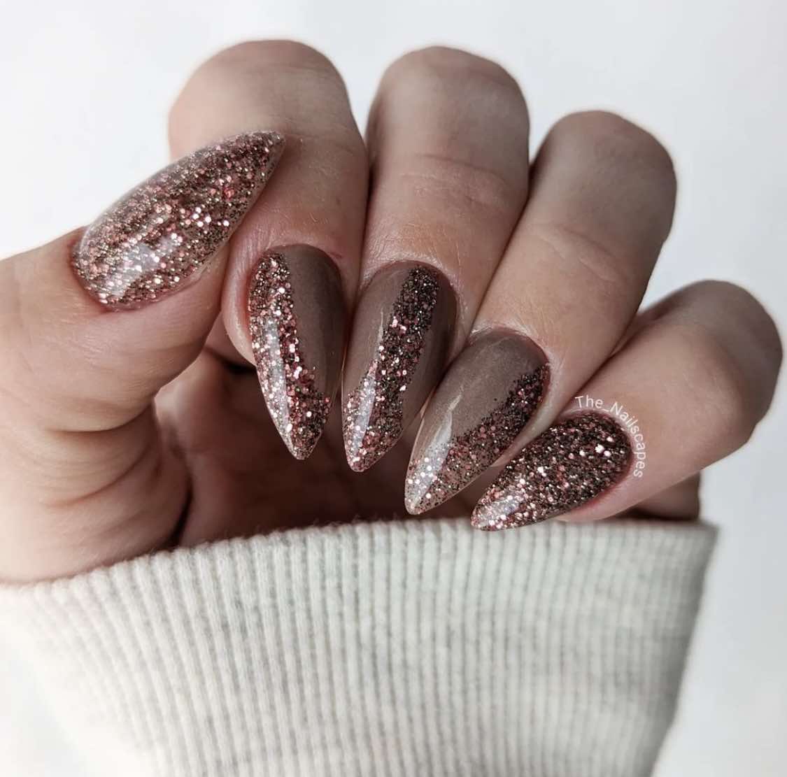 Brown Almond Glitter Nails