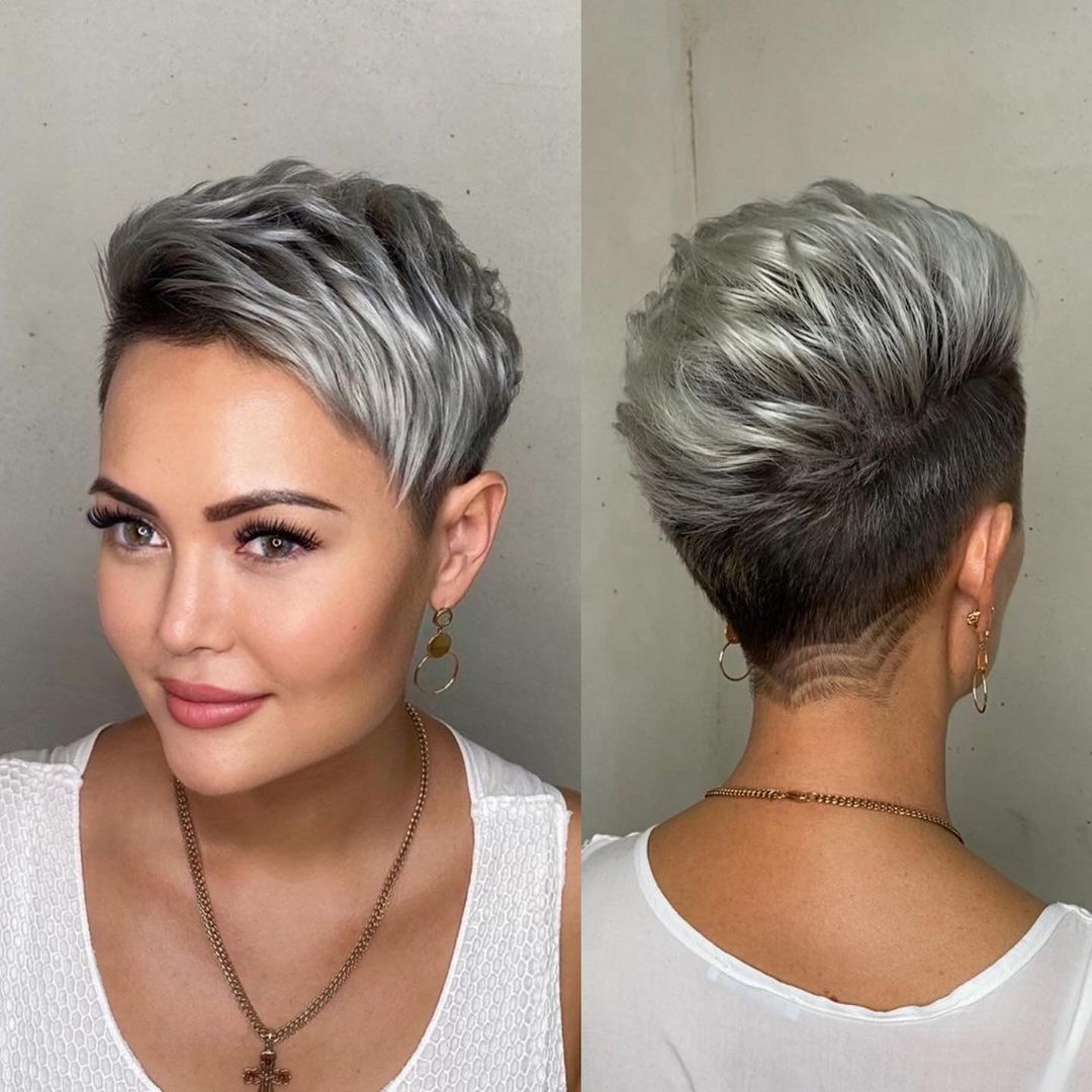 brown hair pixie cut with silver highlights