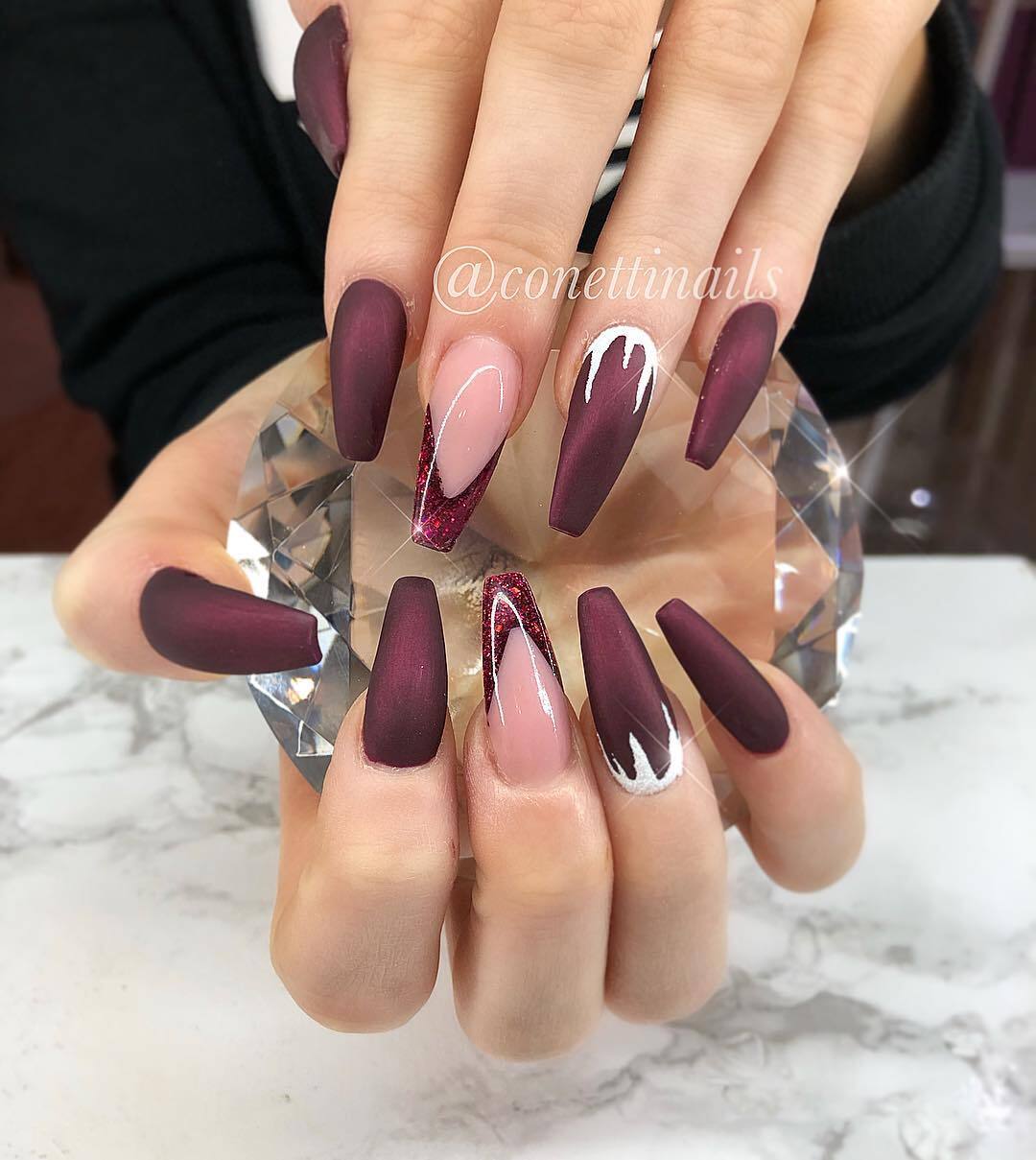 coffin black cherry nail design