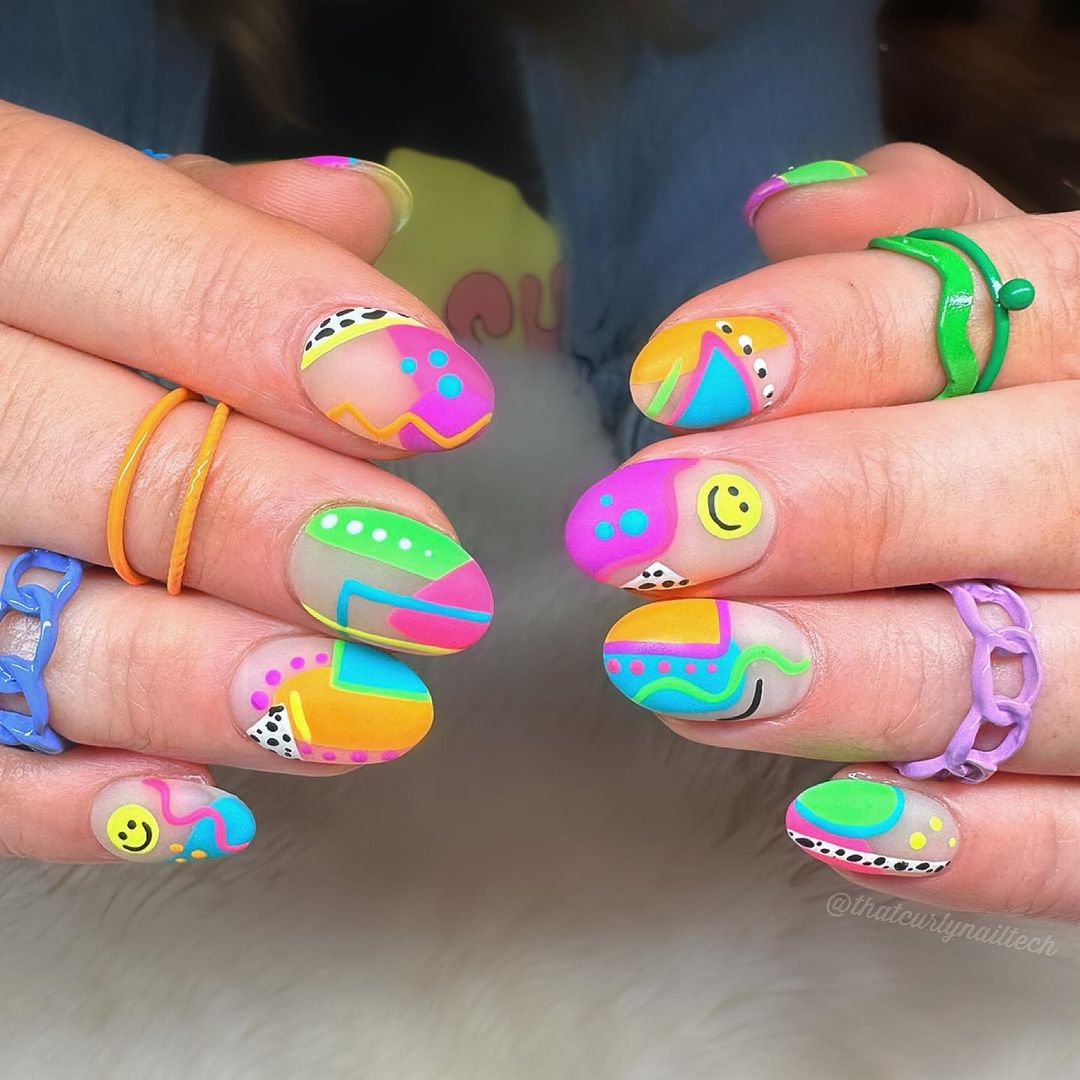 colorful neon short nails design