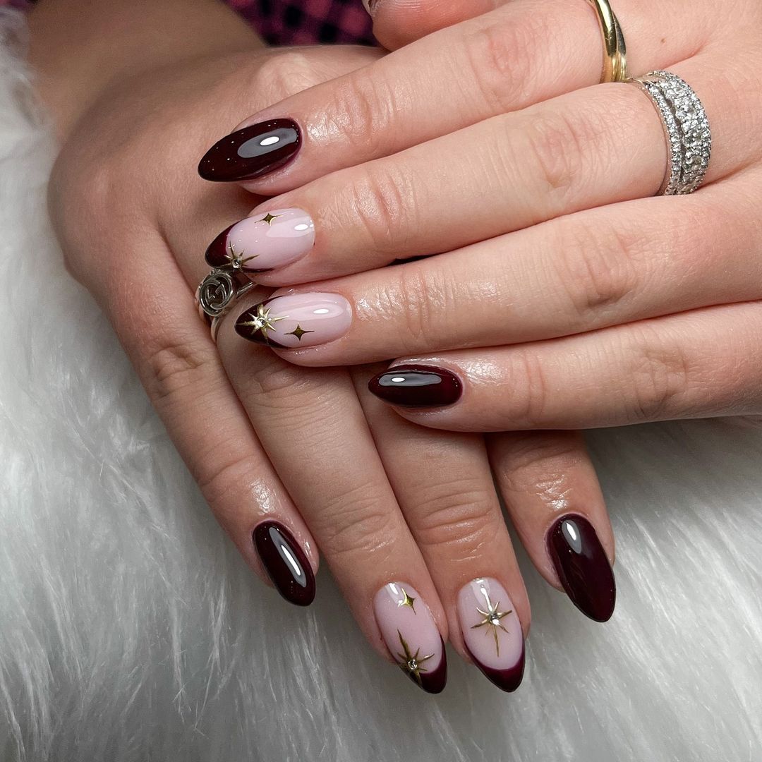 festive almond black cherry nails