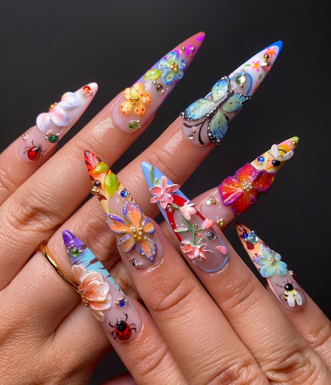 floral multicolored 3d nails