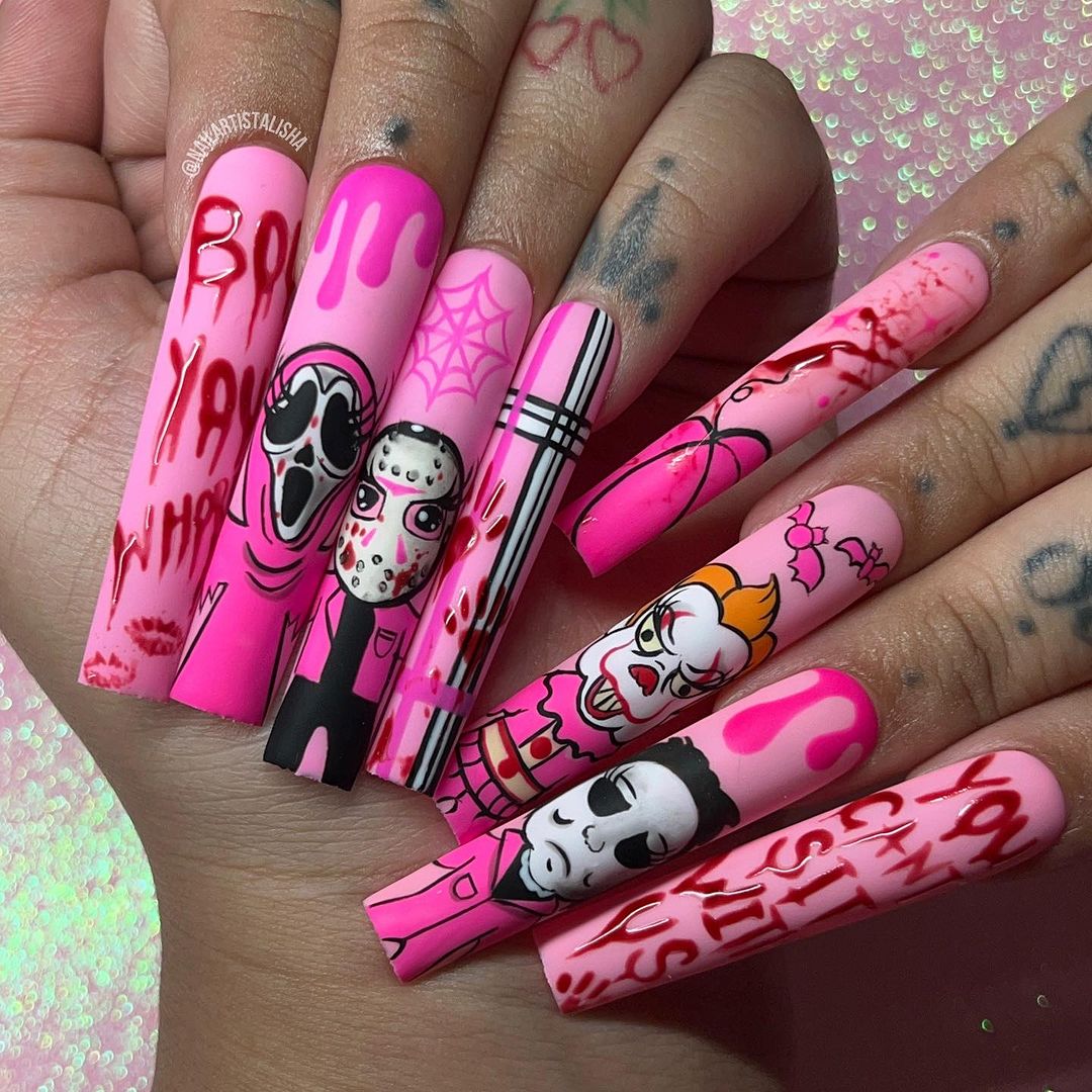 horror-themed pink halloween nails