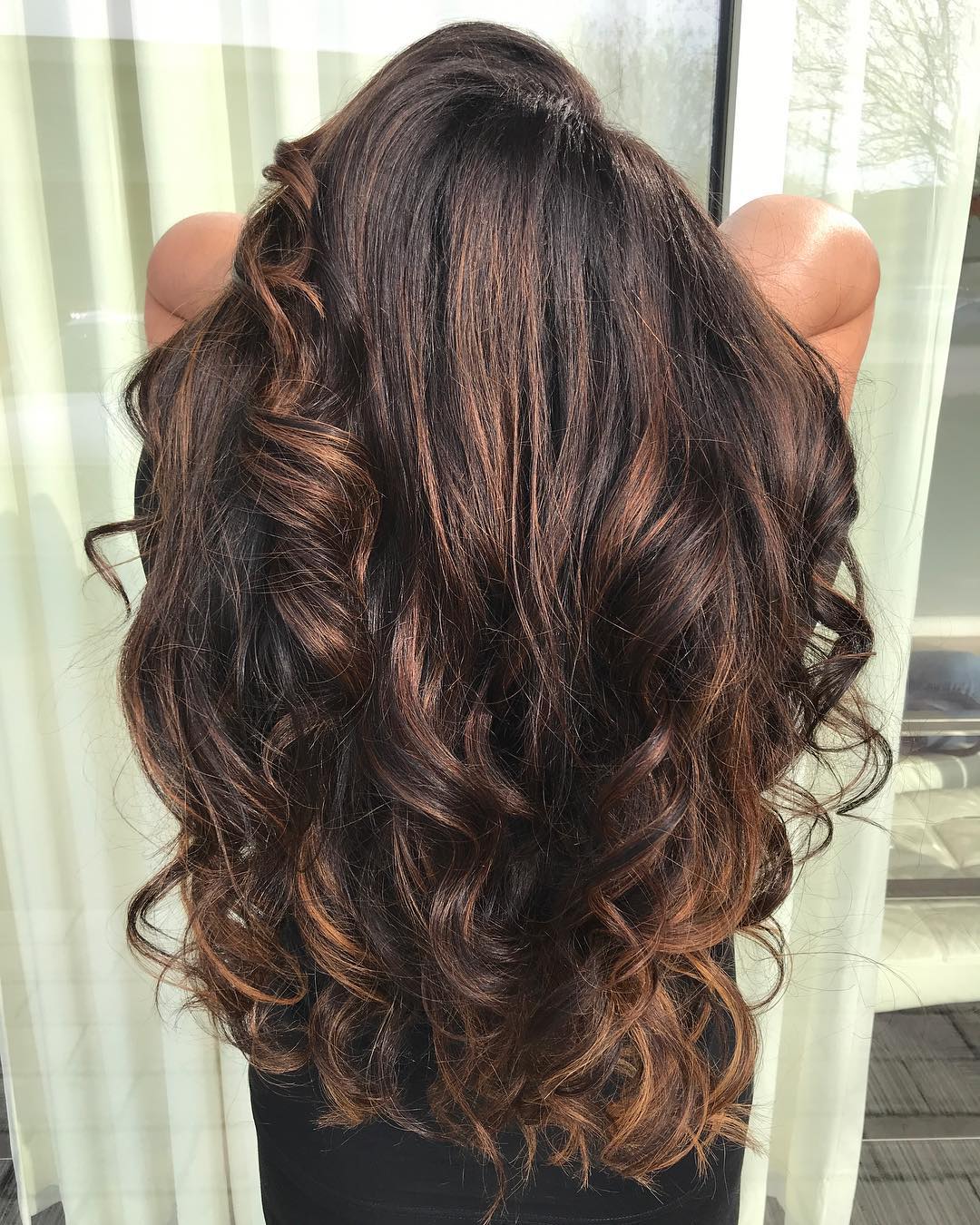 long thick hair dark caramel balayage