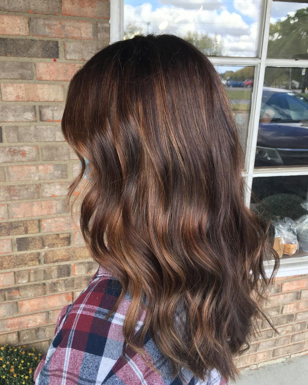 medium length hair with dark caramel balayage