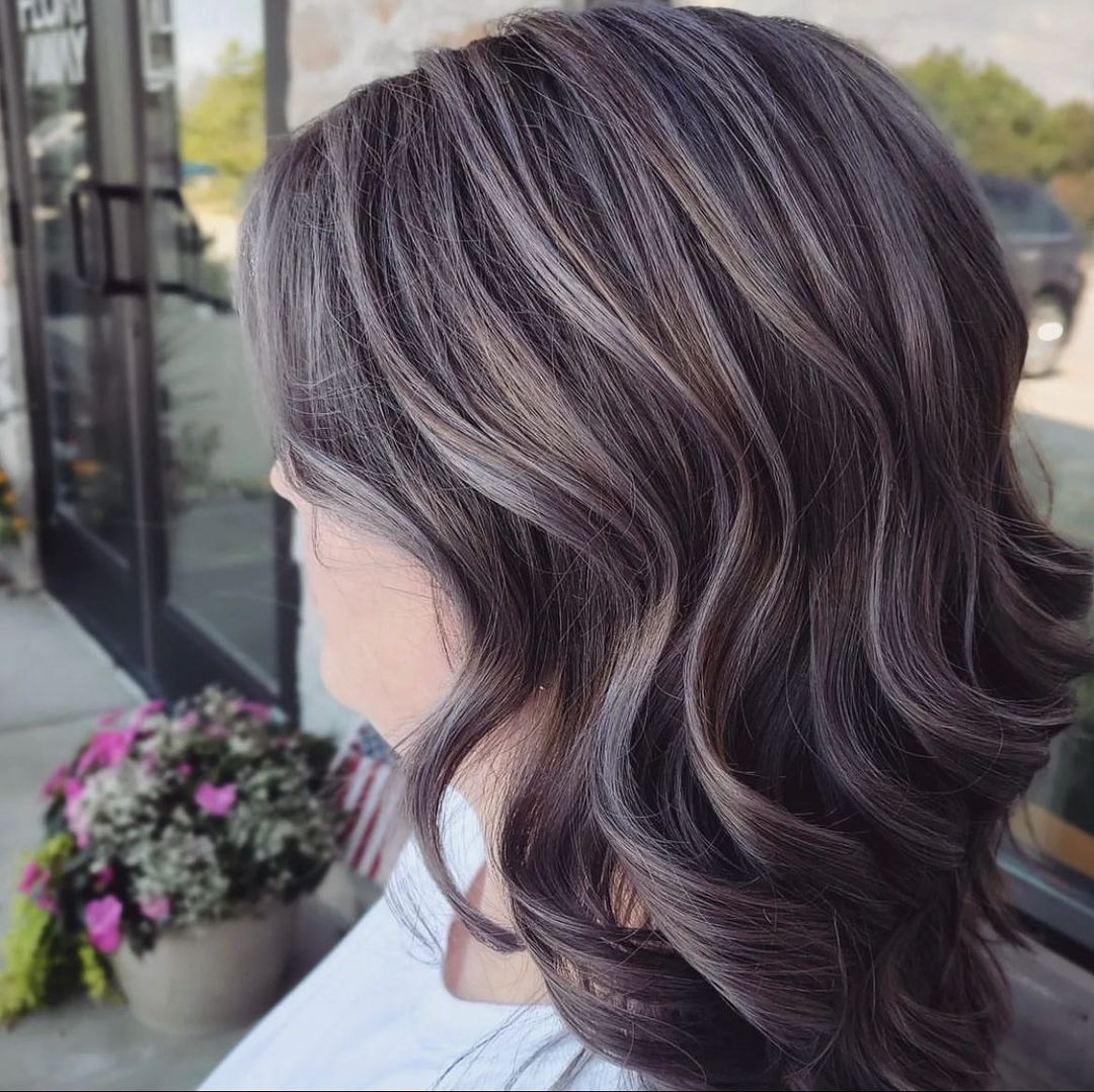 mushroom brown hair with silver highlights