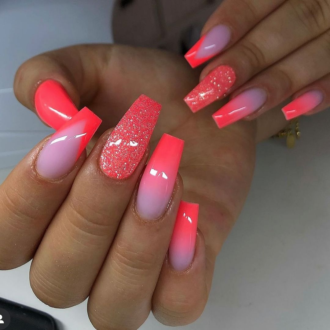 neon mango frosted nails