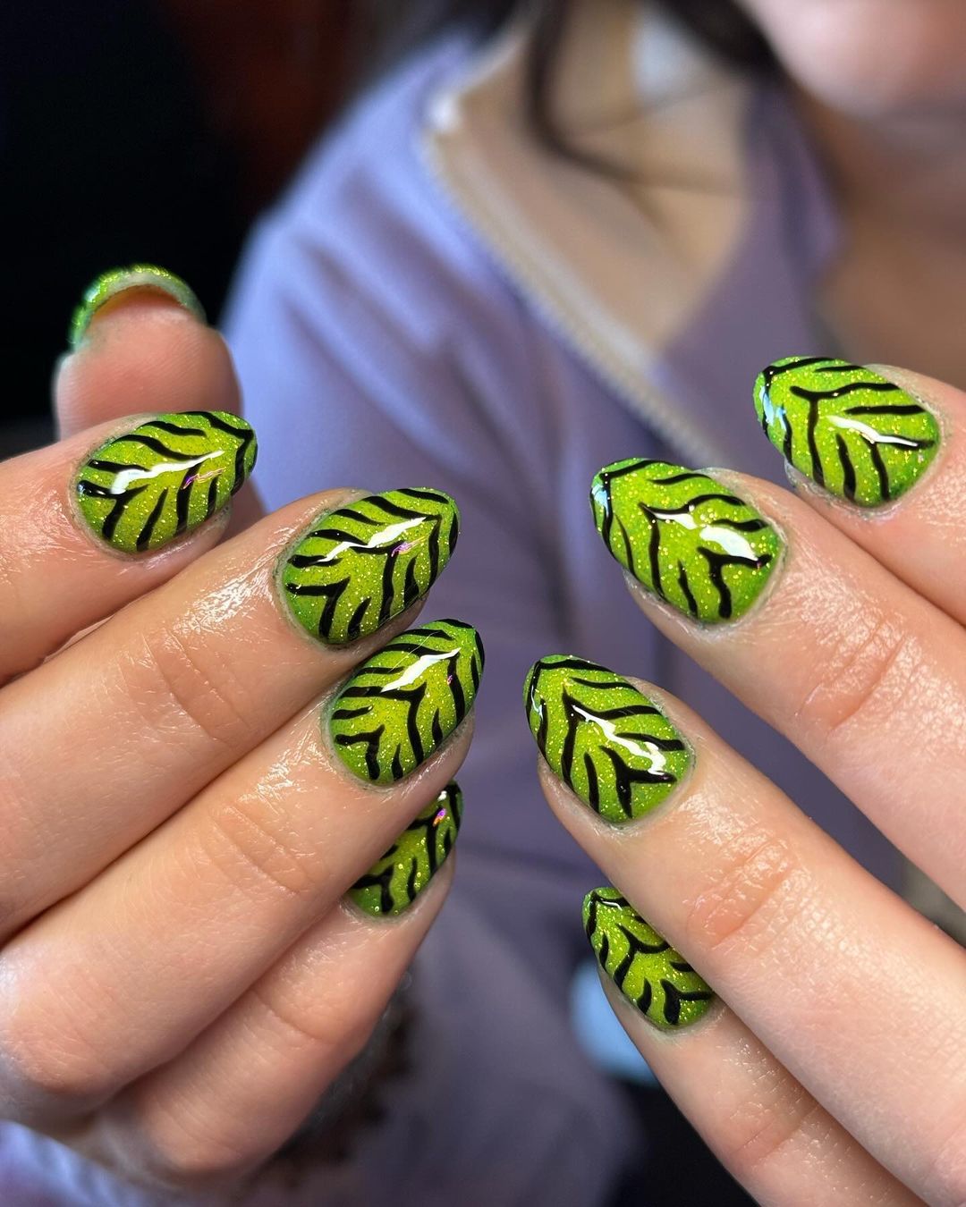 neon zebra glitter nail design