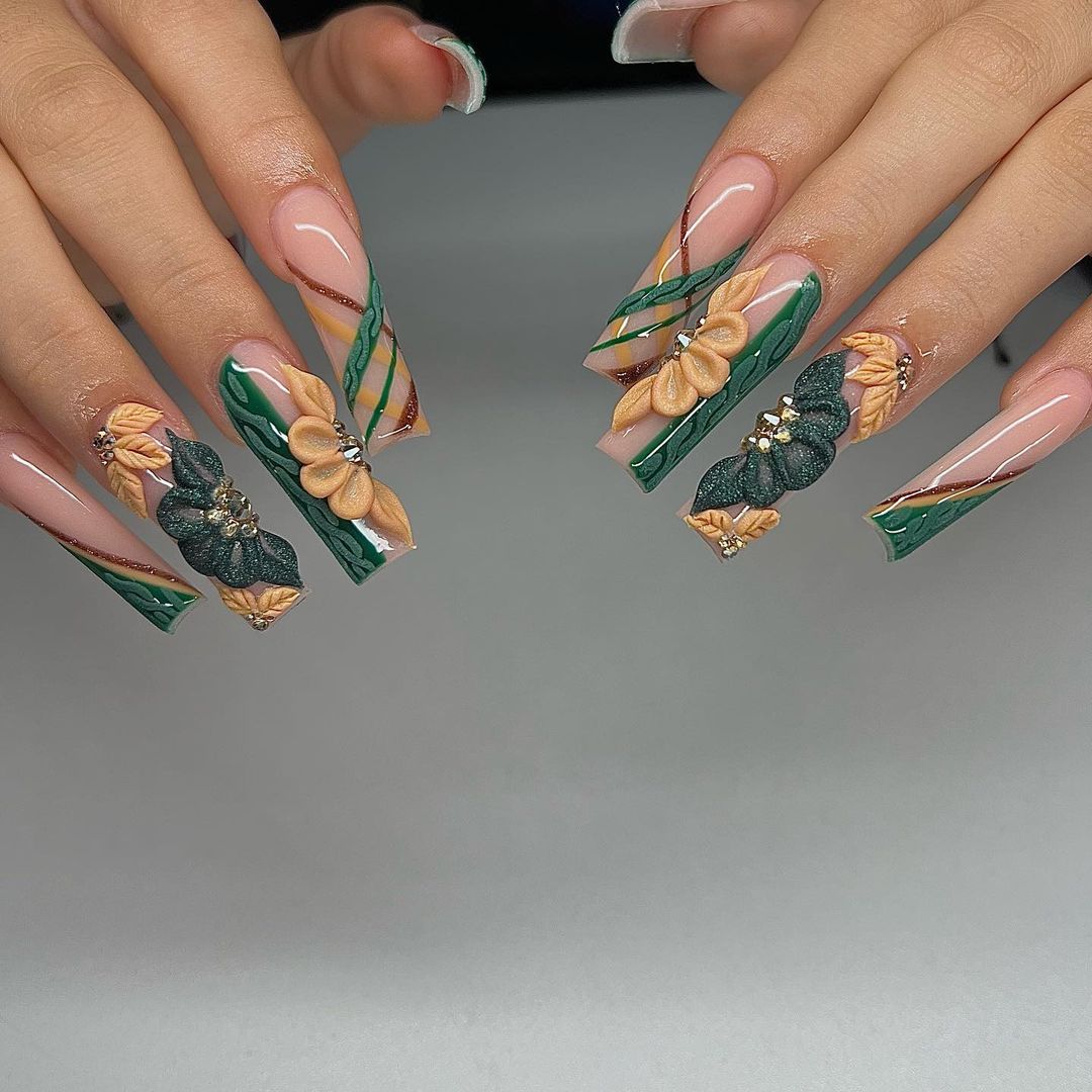 nude bloom green fall nails