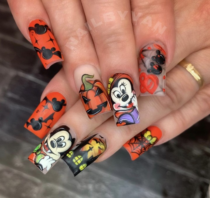 Orange and Black Disney Nails