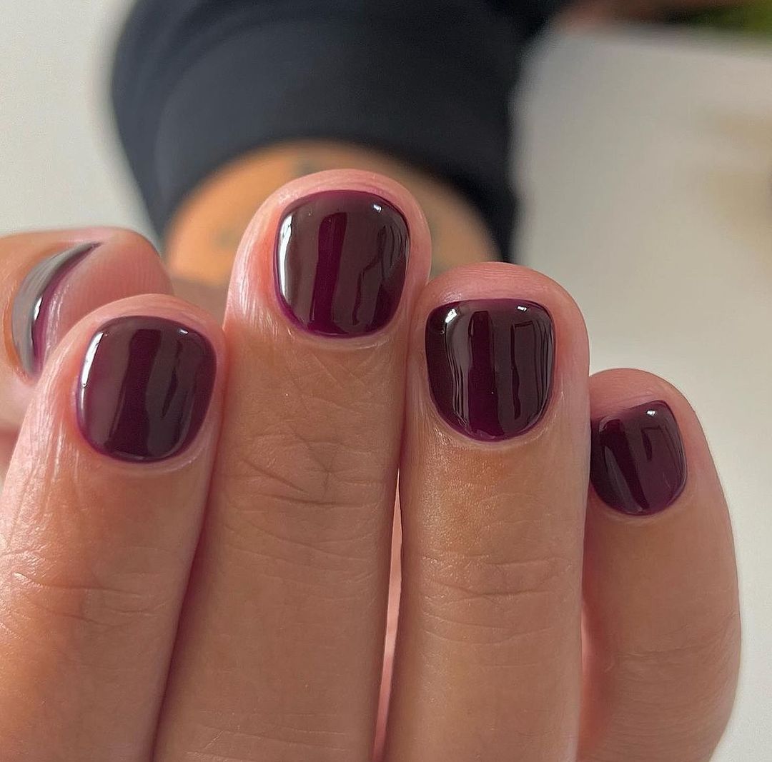 short soft square black cherry nails