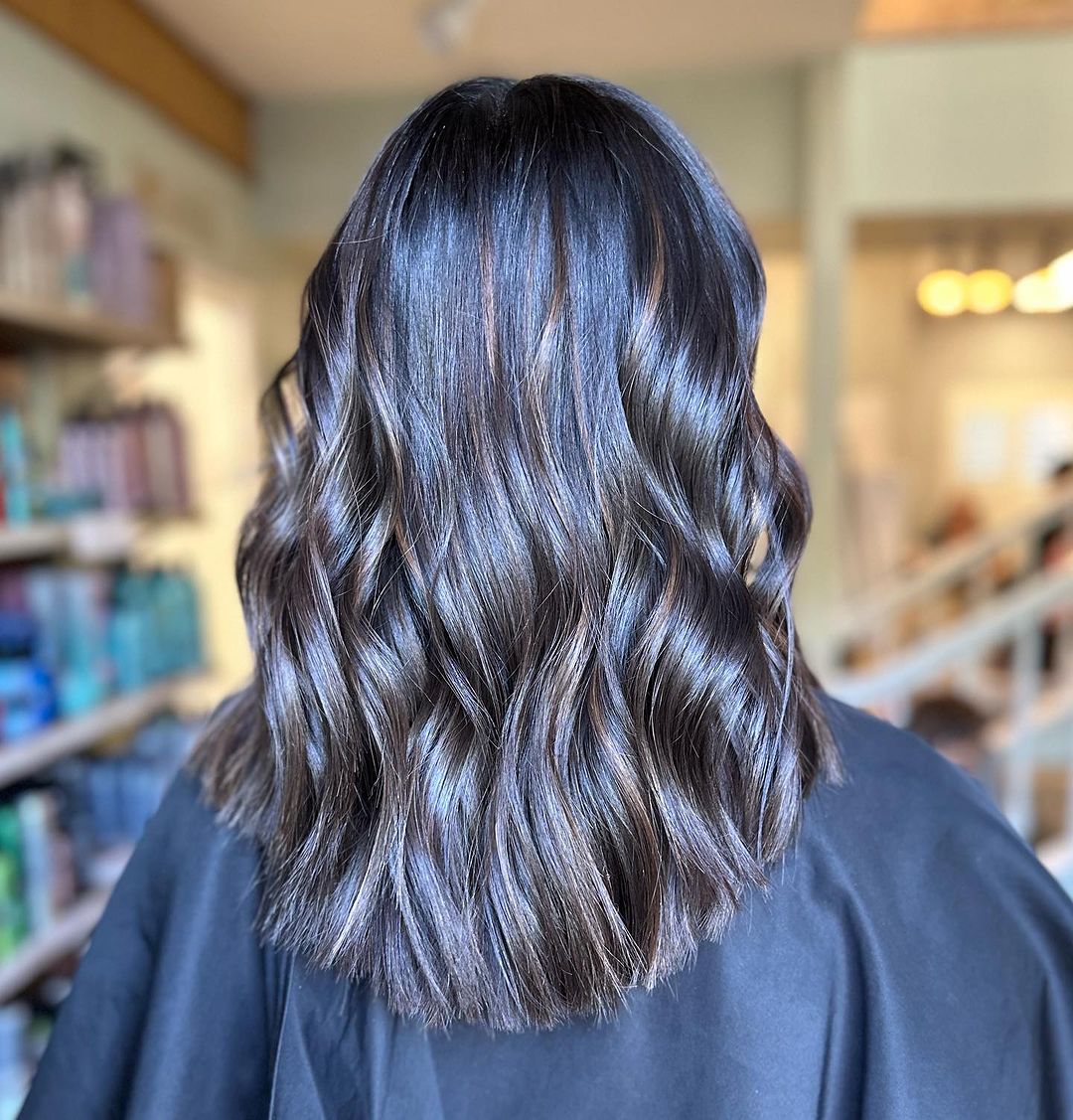 soft but glossy dark caramel balayage