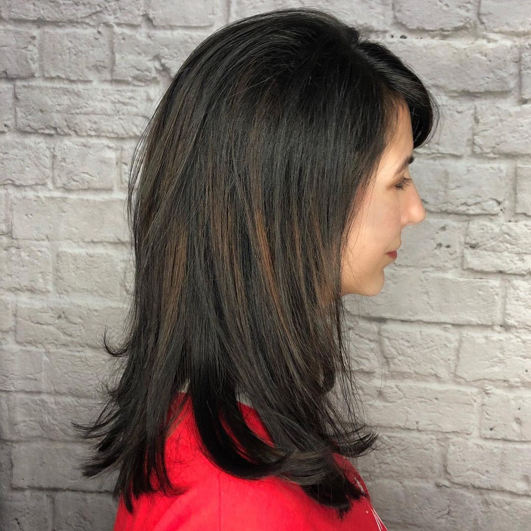 straight layered dark caramel balayage