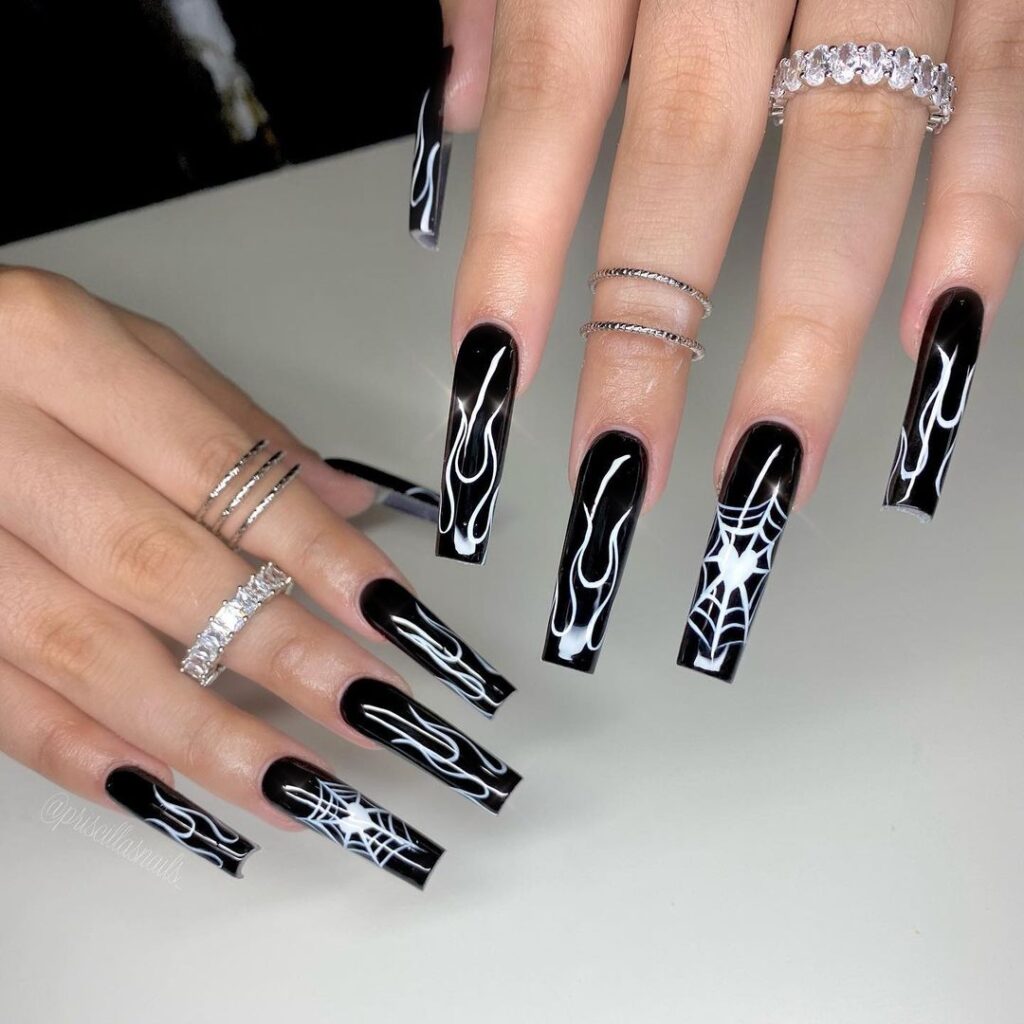 black and white spooky nails