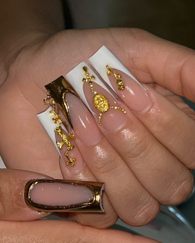 gold and white junk nails