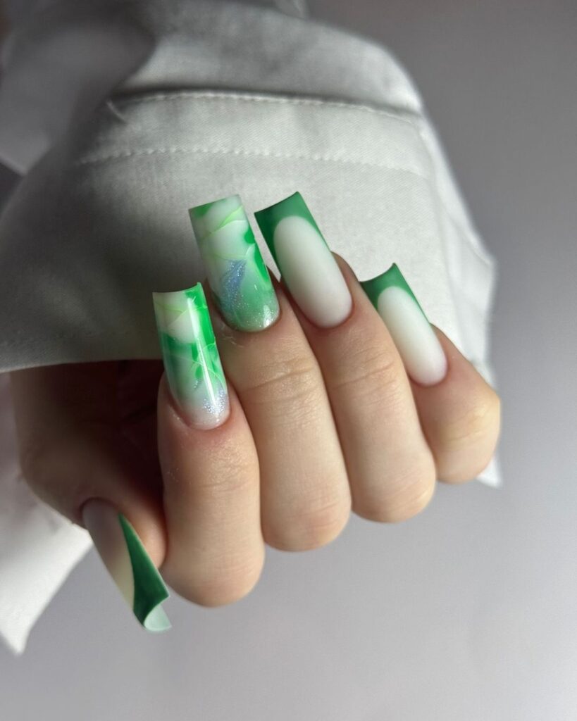 milky white and green nails