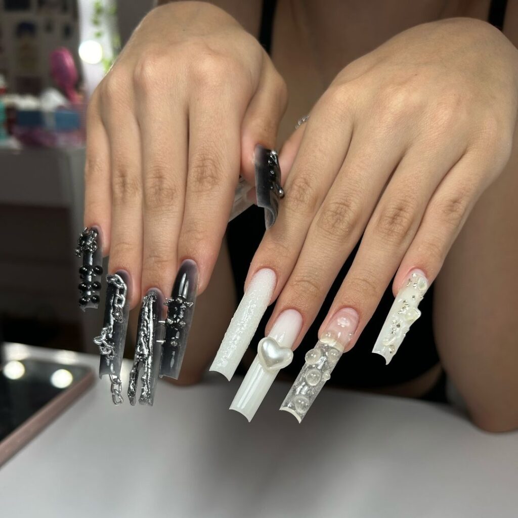 mismatched black and white junk nails